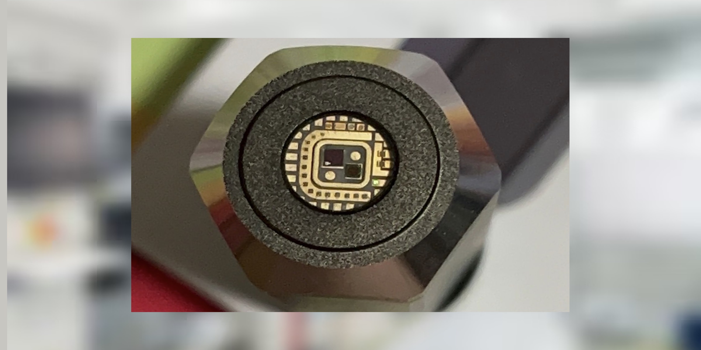 Close-up of spectral sensor chip in metallic housing